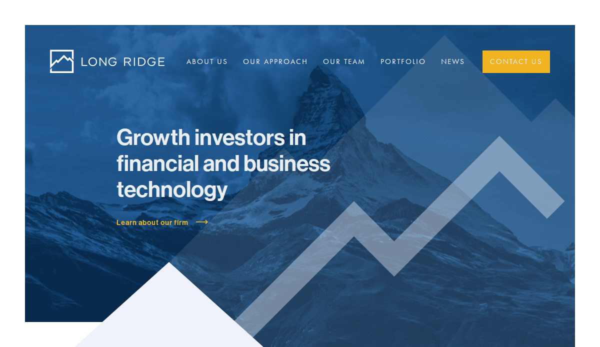 Homepage of Long Ridge, a financial investment firm. The background shows a mountain, with navigation links at the top and a bold headline: “Growth investors in financial and business technology.”.