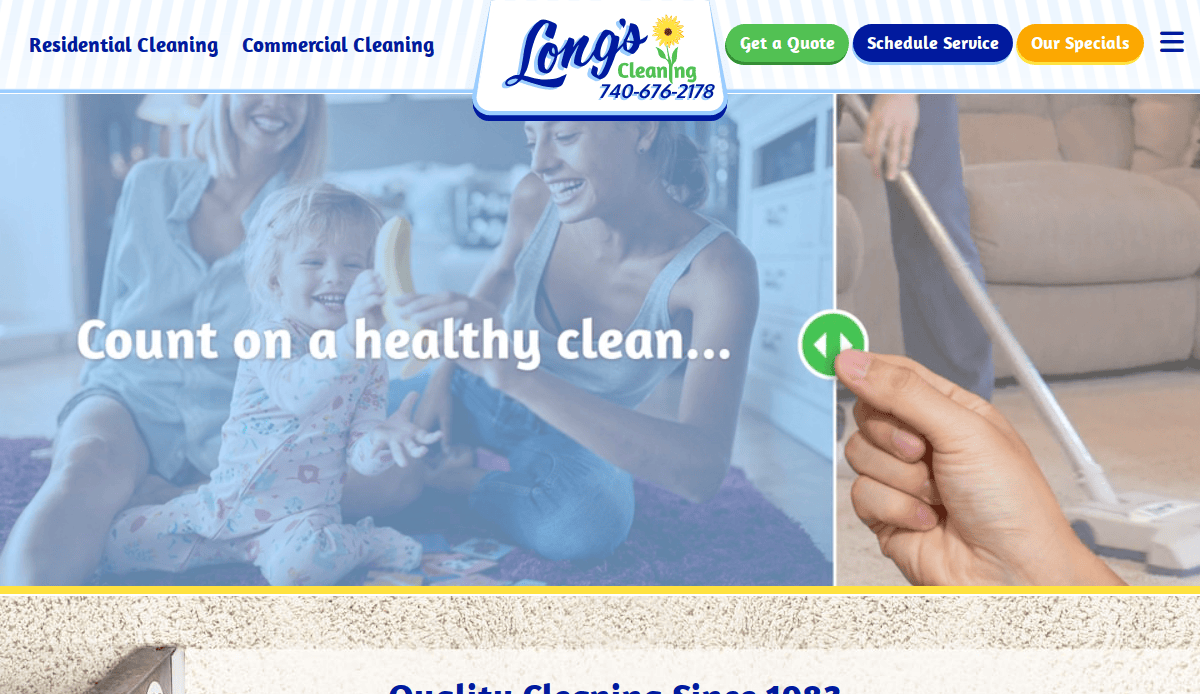 Website banner for Longs Cleaning showing a smiling woman and child with fruit, the text Count on a healthy clean..., and a hand using a vacuum cleaner. Navigation links and contact options are visible at the top.
