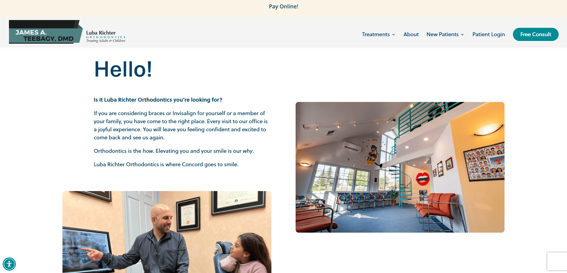 Screenshot of a dental office website with a greeting, photos of the office, a dentist speaking with a patient, and a sidebar featuring the clinics logo and navigation buttons, including a Free Consult button.