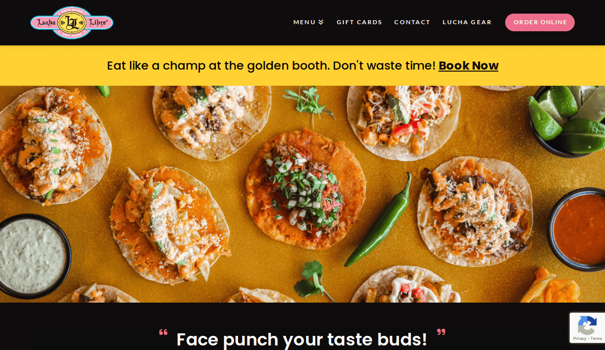 Overhead view of assorted tacos on a yellow surface, surrounded by sliced jalapeños, sauces, and garnishes. A banner advertises, Eat like a champ at the golden booth. Don’t waste time! Book Now.