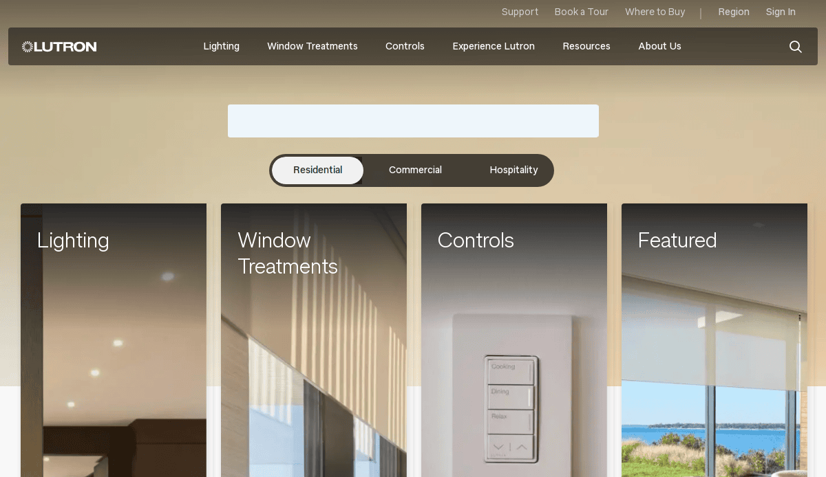 Lutron website homepage showing navigation menu with categories: Lighting, Window Treatments, Controls, and Featured. A search bar and buttons for Residential, Commercial, and Hospitality are visible.