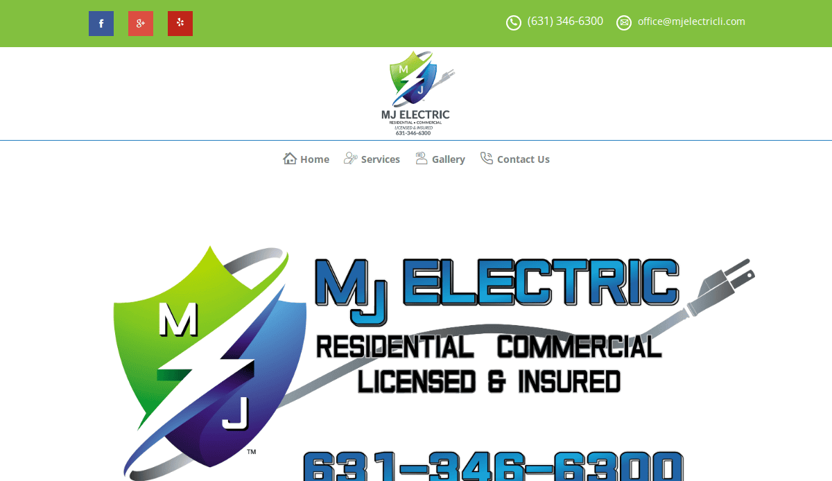 Screenshot of MJ Electric’s website header showing their logo, social media icons, contact info, and menu. The text highlights residential and commercial electrical services, licensed and insured, with a phone number.