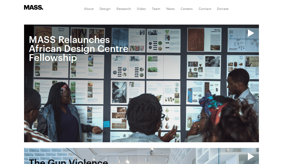 A group of people stand in front of a wall covered with design materials and images, discussing ideas. The headline reads MASS Relaunches African Design Centre Fellowship.