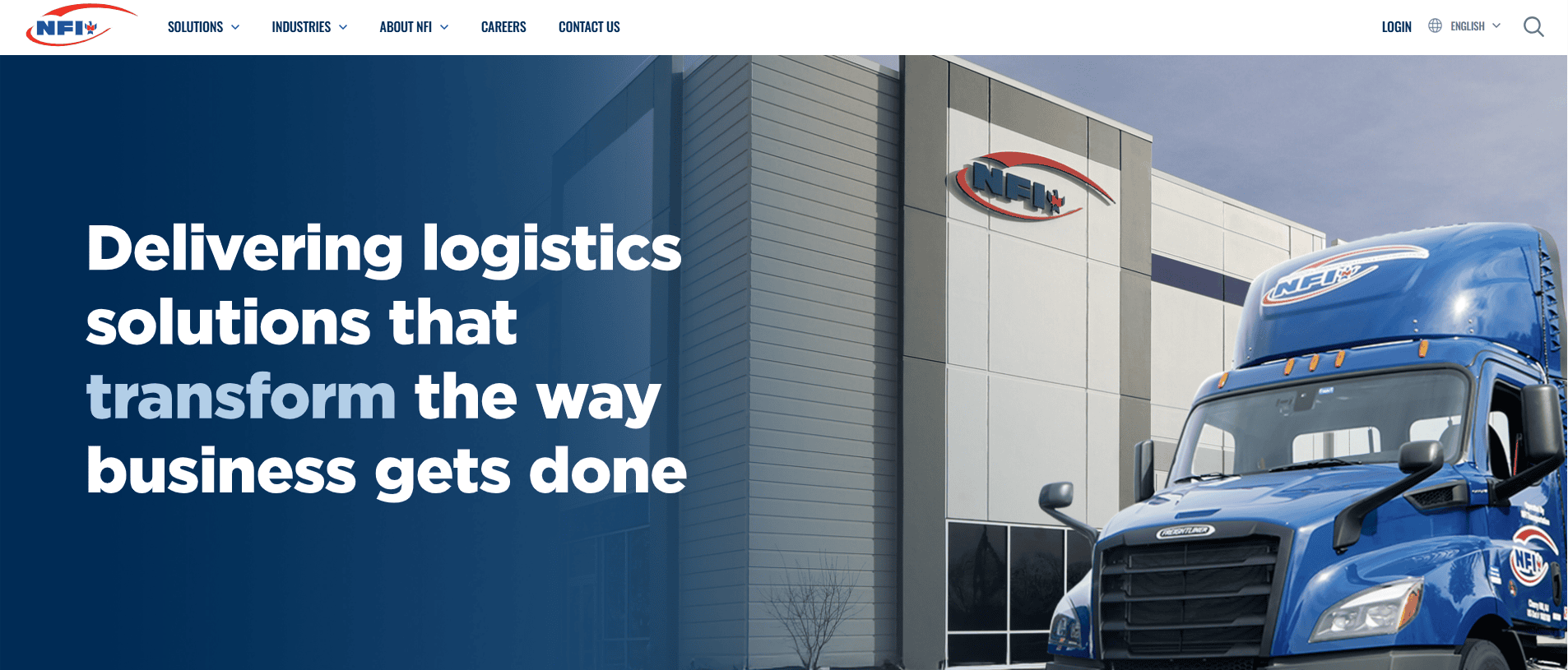 A blue NFI semi-truck parked outside an NFI building, with text overlay: “Delivering logistics solutions that transform the way business gets done.”.
