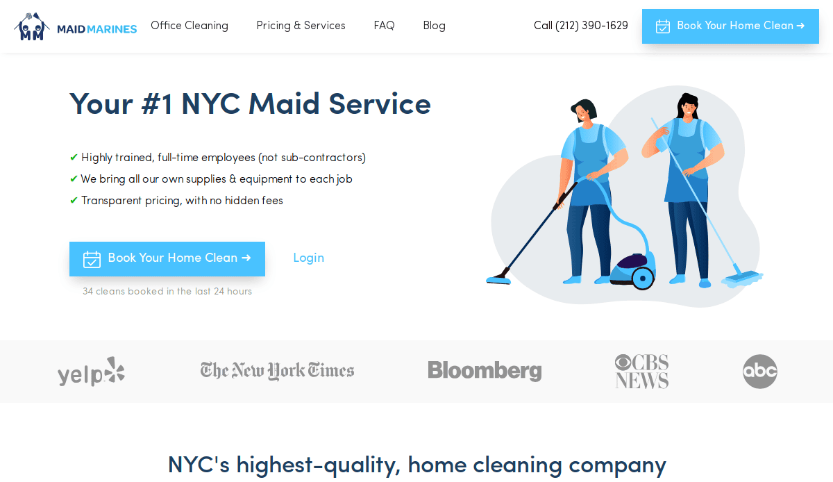 Homepage of a cleaning service website featuring two illustrated cleaners working, service highlights, a call-to-action button, and logos of media outlets such as Yelp, The New York Times, Bloomberg, CBS News, and ABC.