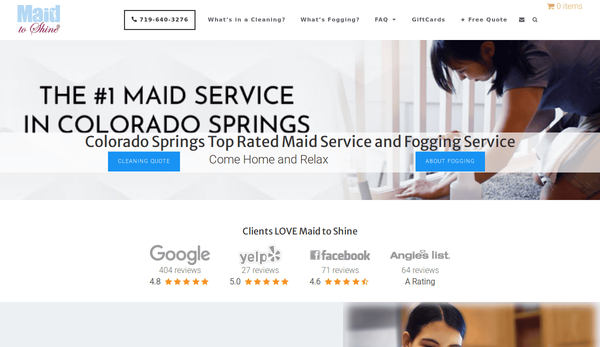 Screenshot of Maid to Shine’s website showing a woman cleaning, the text “#1 Maid Service in Colorado Springs,” service buttons, and review ratings from Google, Yelp, Facebook, and Angie’s List.