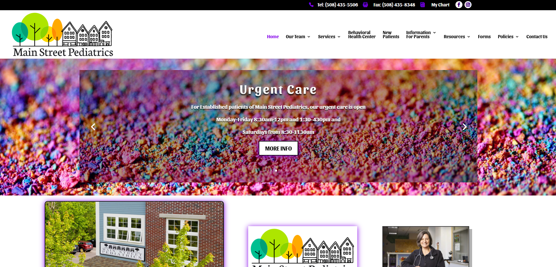 Screenshot of Main Street Pediatrics website homepage featuring a colorful background, navigation menu, and a highlighted urgent care notice with hours. The header includes the clinic logo, contact numbers, and a cart icon.