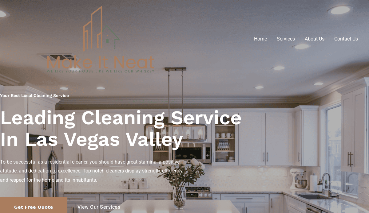 A modern, clean kitchen with white cabinets and stainless steel appliances is overlaid with the Make It Neat cleaning service website, displaying navigation links and a headline promoting cleaning services in Las Vegas Valley.
