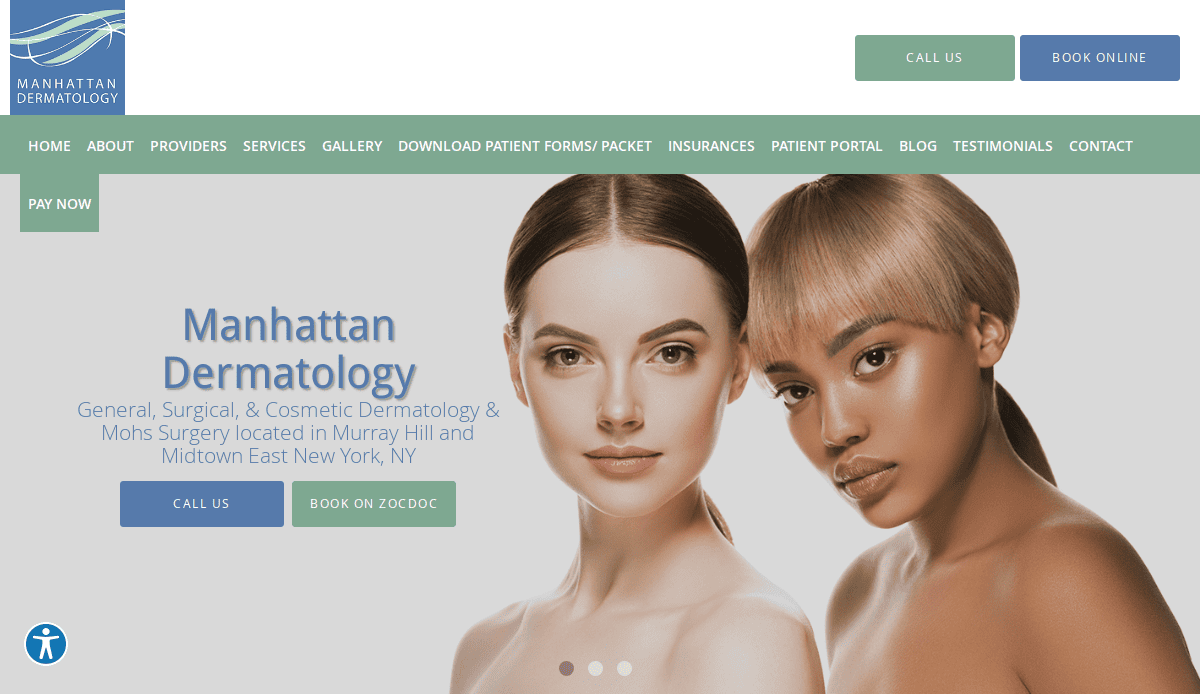 Screenshot of Manhattan Dermatologys website homepage featuring the clinic logo, navigation menu, contact buttons, and a banner image of two women with clear skin posing together.