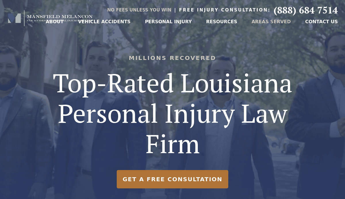 Four men in suits stand outside, with text overlay reading: Top-Rated Louisiana Personal Injury Law Firm. Millions Recovered. Free consultation contact information and firm name are visible at the top.