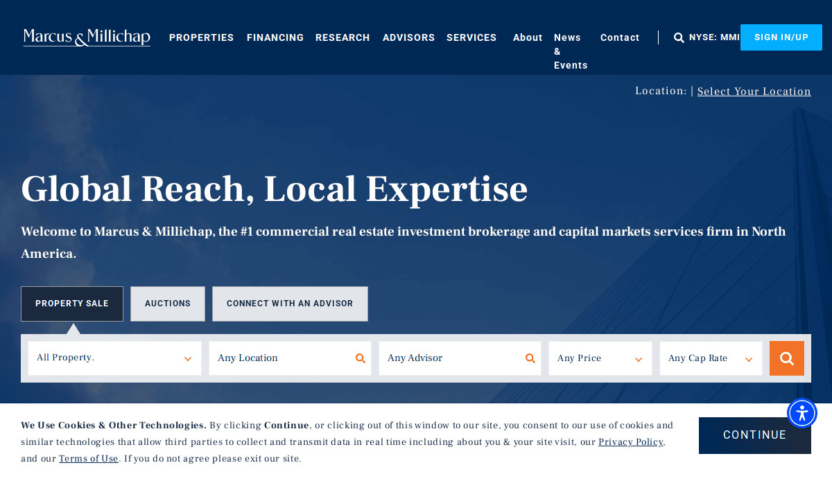 Screenshot of the Marcus & Millichap homepage featuring their slogan Global Reach, Local Expertise and search filters for property type, auctions, advisors, location, property price, and cap rate.
