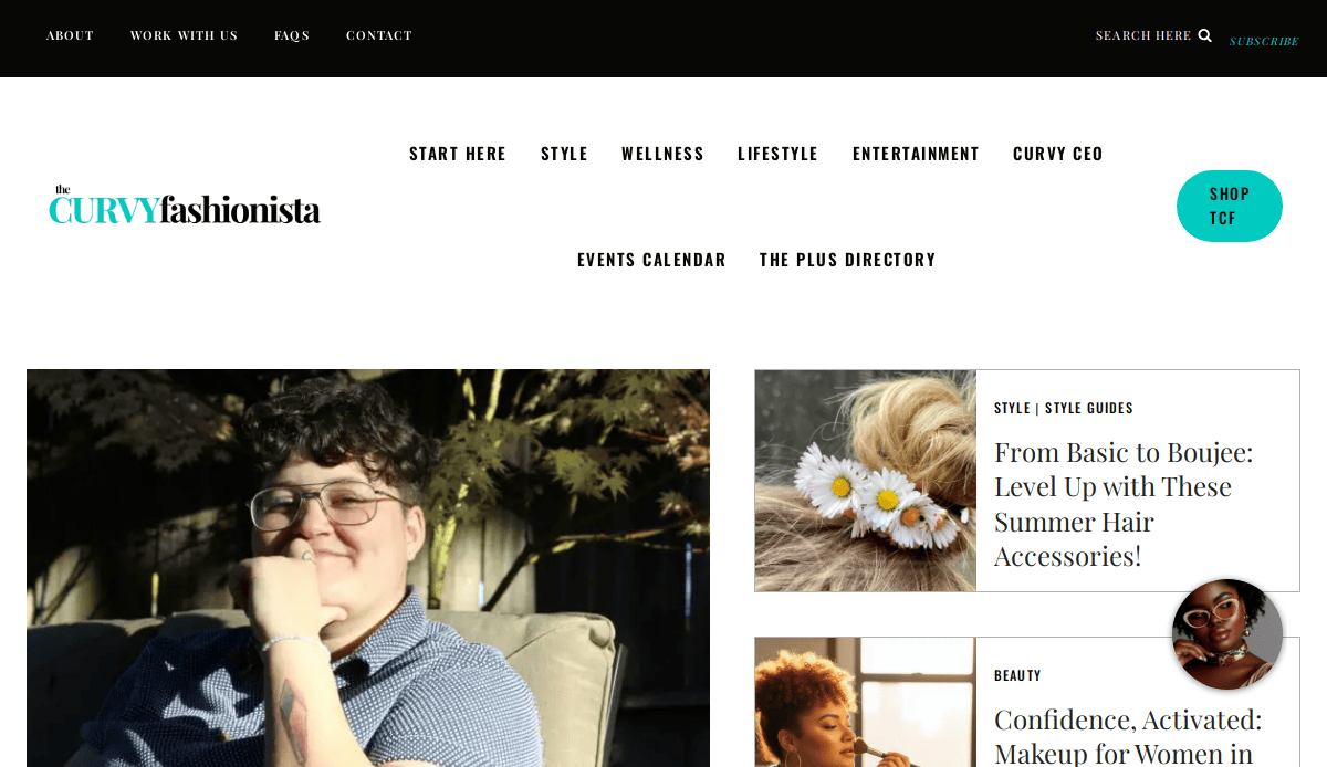 A person with short curly hair and glasses smiles while sitting outdoors. The website header reads The Curvy Fashionista with navigation links and article previews on style and beauty displayed on the right.