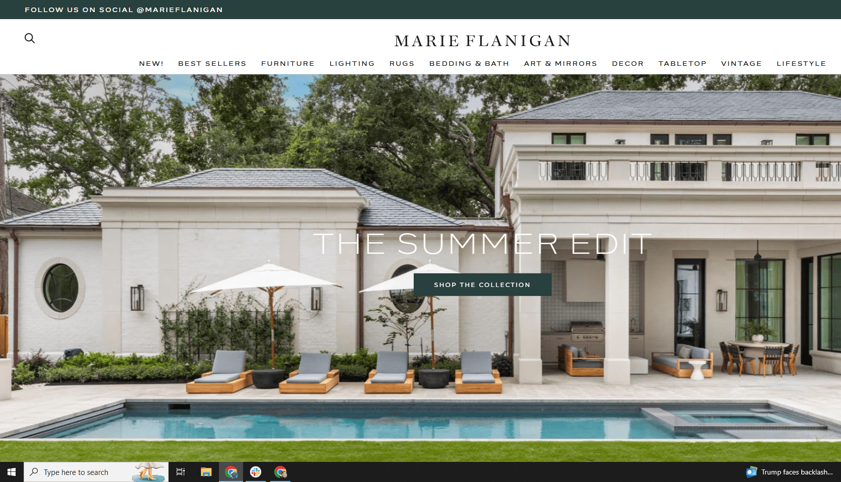 A modern luxury home with a white exterior, large windows, a patio with lounge chairs, an umbrella, and a swimming pool in the foreground. Text reads The Summer Edit and Shop the Collection.