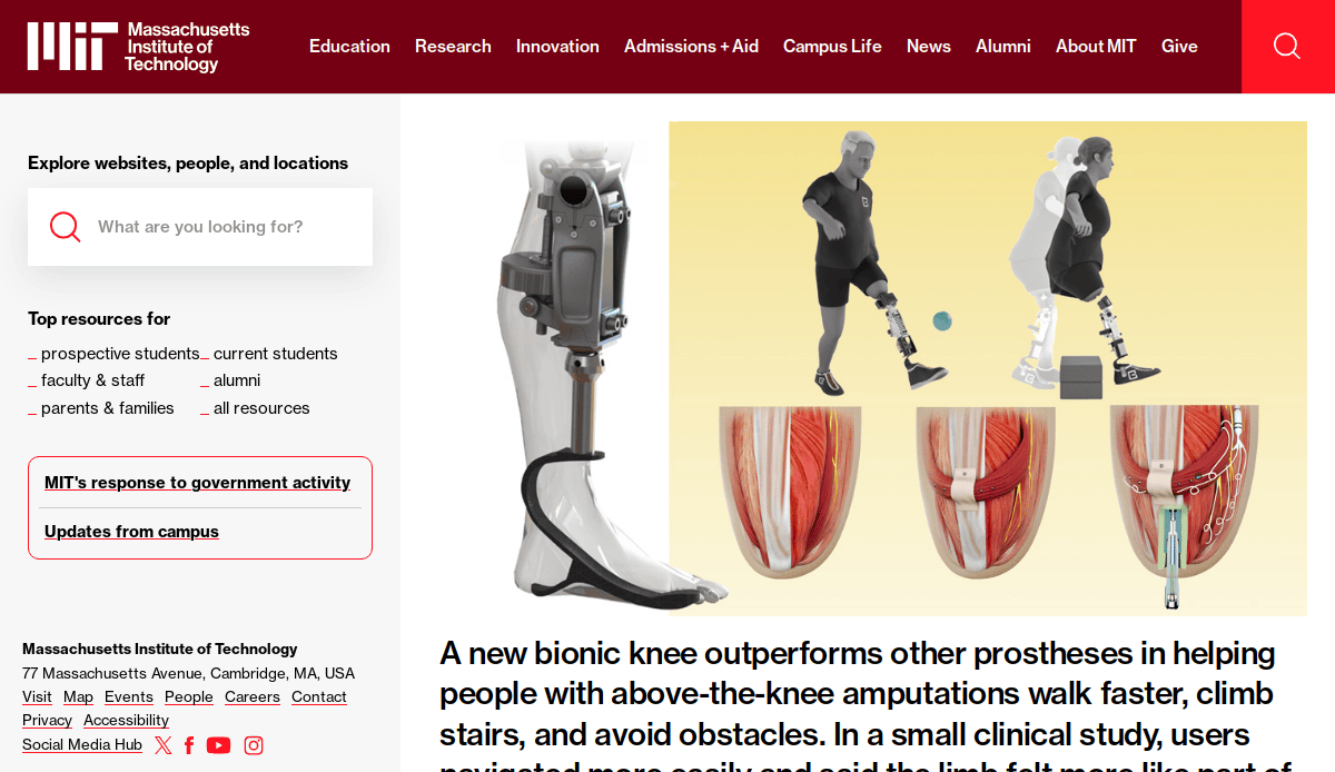 Screenshot of an MIT news webpage showing a bionic leg beside images of people with prosthetic legs walking. The article headline mentions a new bionic knee that helps people with above-the-knee amputations walk better.