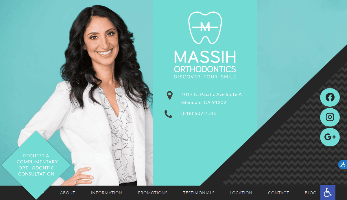 Smiling woman with long dark hair in a white coat stands beside the Massih Orthodontics logo and contact information on a blue and black geometric background. Navigation and social media icons are visible at the bottom and right.