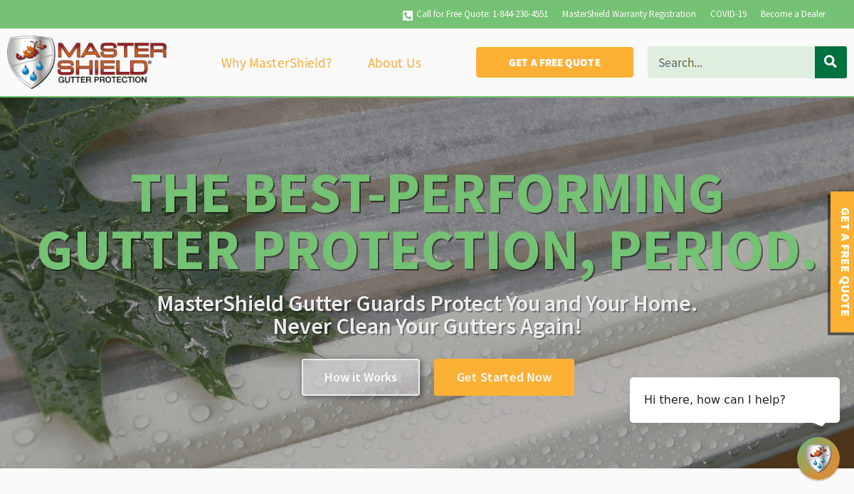 Website homepage for MasterShield Gutter Protection, featuring a close-up of a gutter with a leaf on a mesh cover. Large text reads, “The Best-Performing Gutter Protection, Period.”.