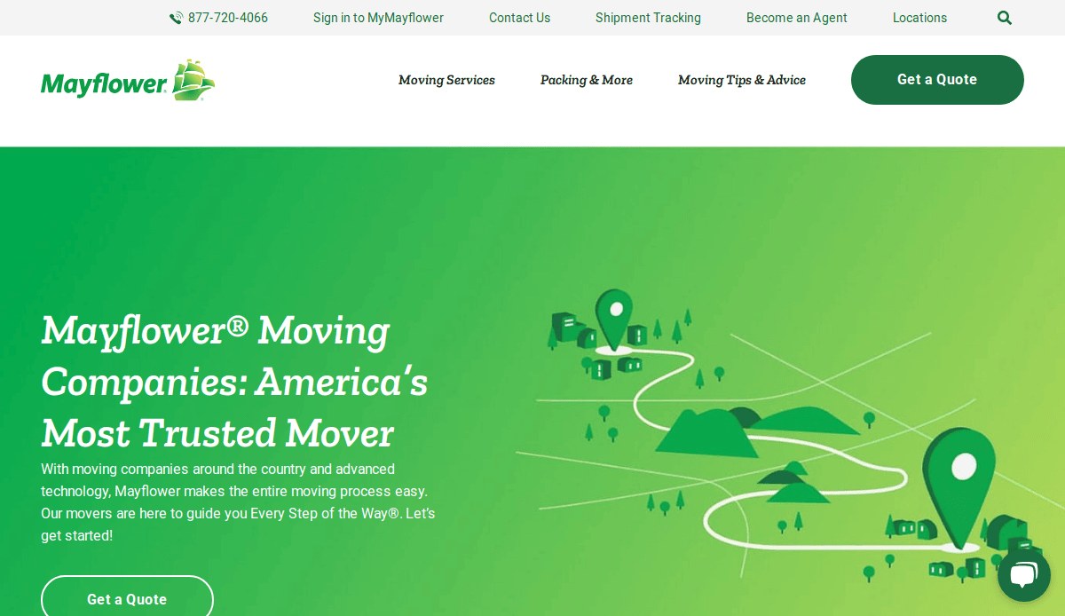 Screenshot of the Mayflower moving company website homepage, showing the logo, navigation bar, a green illustration of houses and trucks, and the headline: Mayflower® Moving Companies: America’s Most Trusted Mover.