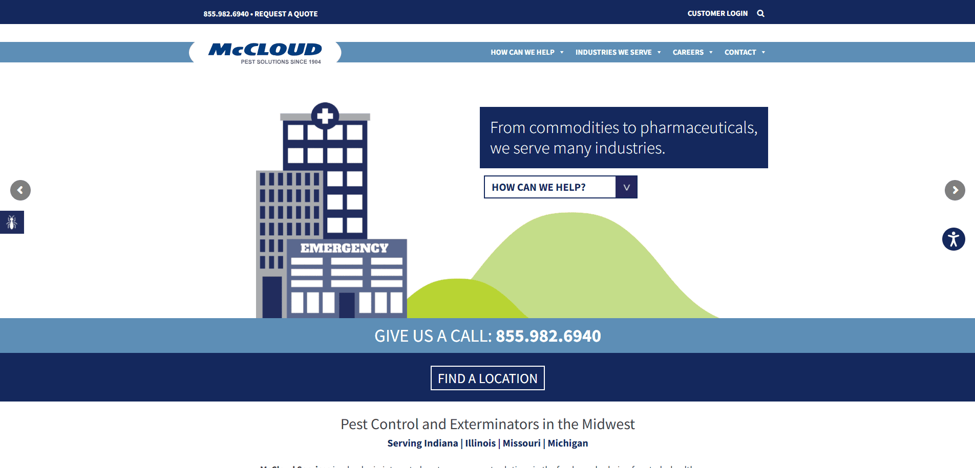 Website screenshot for McCloud Pest Solutions featuring a graphic of a hospital with an emergency sign, a call-to-action for inquiries, and a phone number. Navigation menus appear at the top of the page.