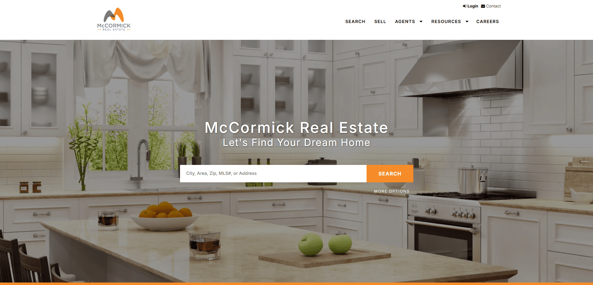 A modern white kitchen with a marble island, stainless steel stove, and large windows. Text overlay reads “McCormick Real Estate—Let’s Find Your Dream Home” with a property search bar in the center.