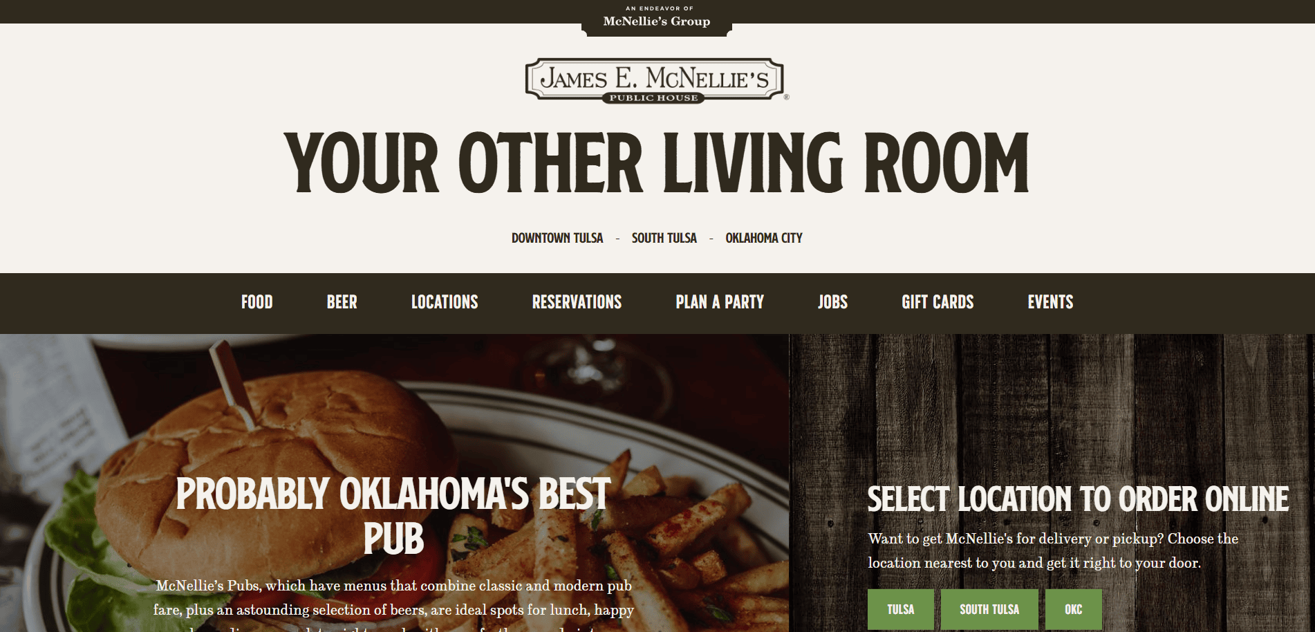 Screenshot of James E. McNellie’s Pub website homepage, featuring the slogan “Your Other Living Room,” a pub burger and fries image, and options to select a Tulsa or OKC location to order online.