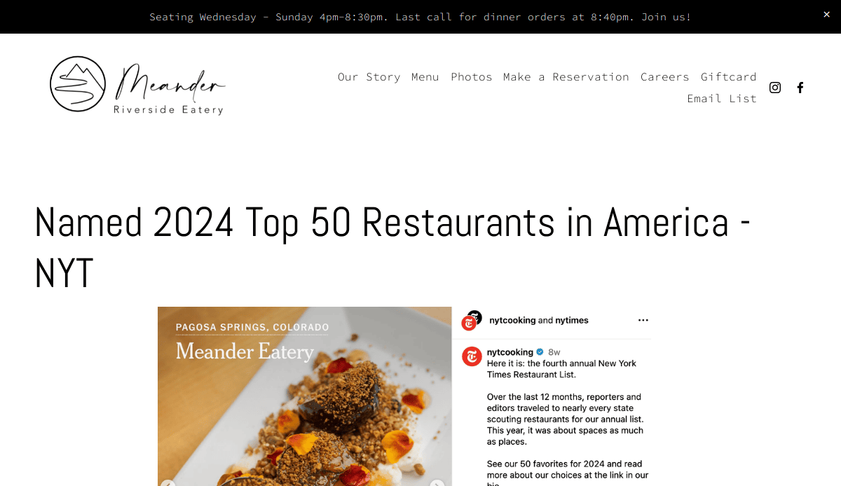 Screenshot of Meander Riverside Eaterys website displaying their recognition as a 2024 Top 50 Restaurant in America - NYT, with a food photo and navigation menu at the top.