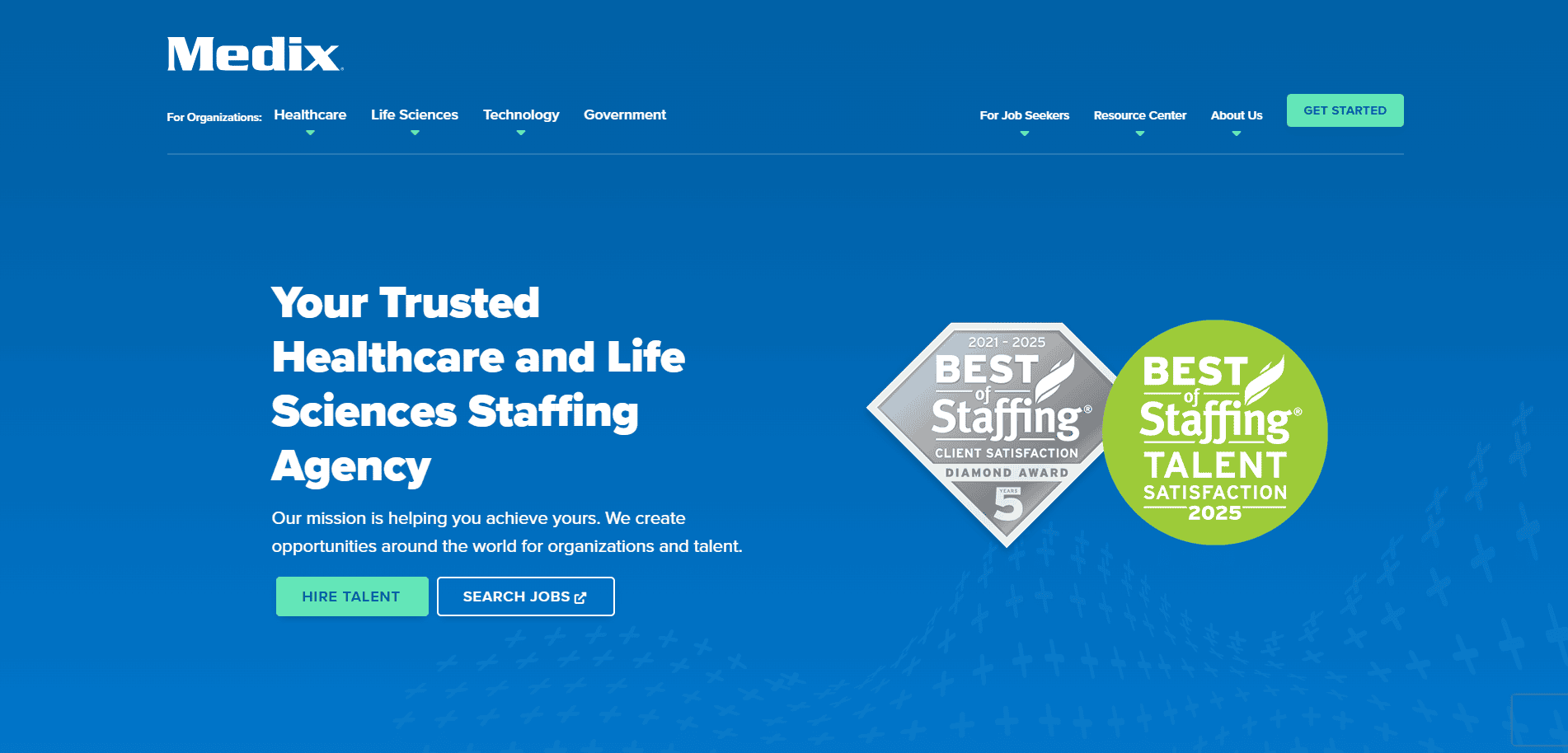 Screenshot of the Medix website homepage, featuring a blue background, navigation menus, a headline about healthcare and life sciences staffing, two award badges, and buttons labeled HIRE TALENT and SEARCH JOBS.