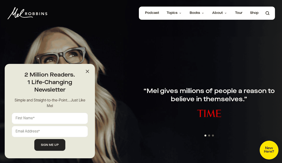 Website homepage for Mel Robbins featuring her photo, a quote from Time magazine, and a newsletter sign-up form asking for first name and email address. Navigation bar with links is at the top.