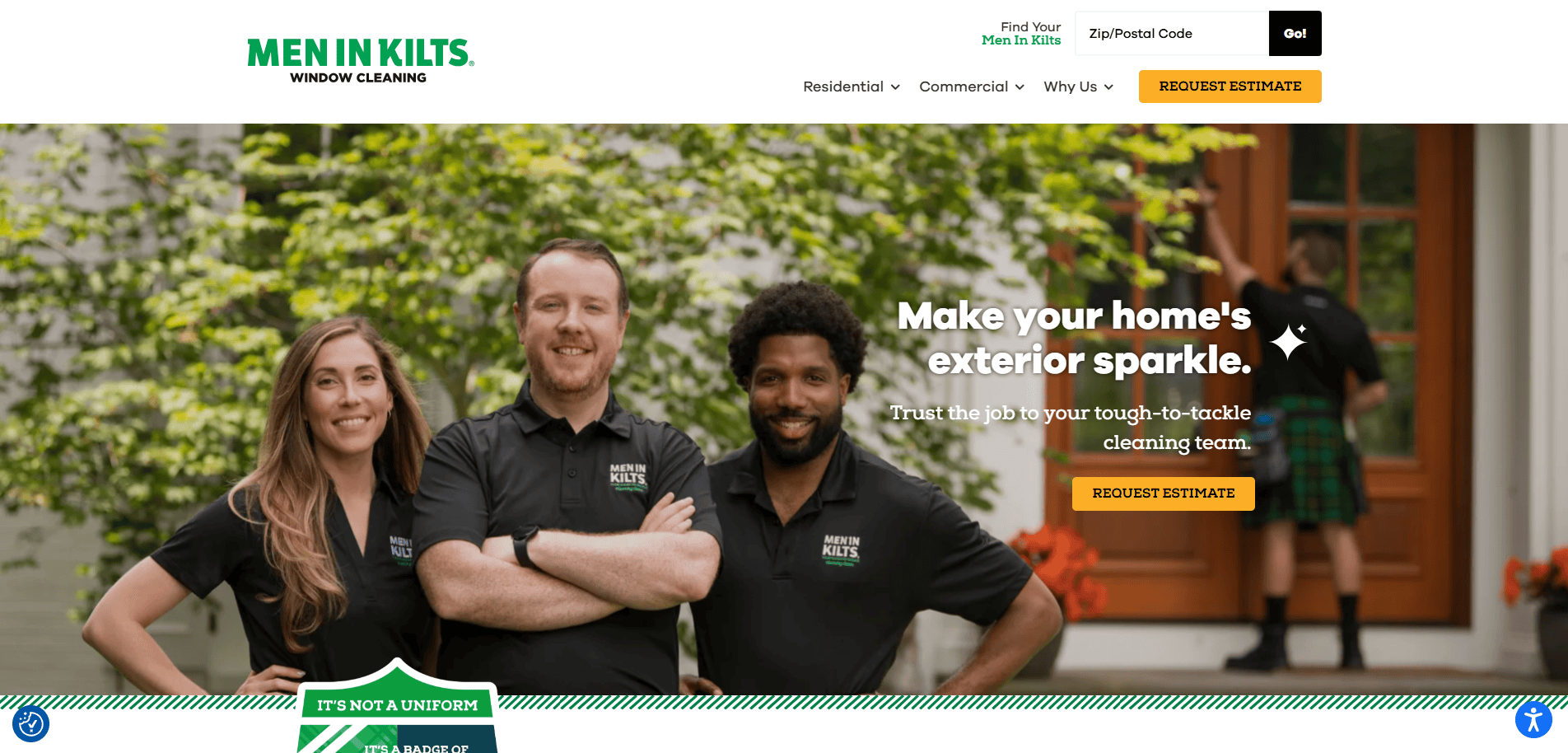 Three smiling people in Men in Kilts shirts stand together outside a house, promoting window cleaning. A person in a green kilt is visible in the background near the door. Text offers exterior cleaning services.