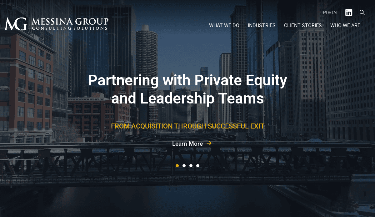 Homepage of Messina Group Consulting Solutions, showing the company logo, navigation menu, and the text “Partnering with Private Equity and Leadership Teams” over a cityscape background with a river and tall buildings.