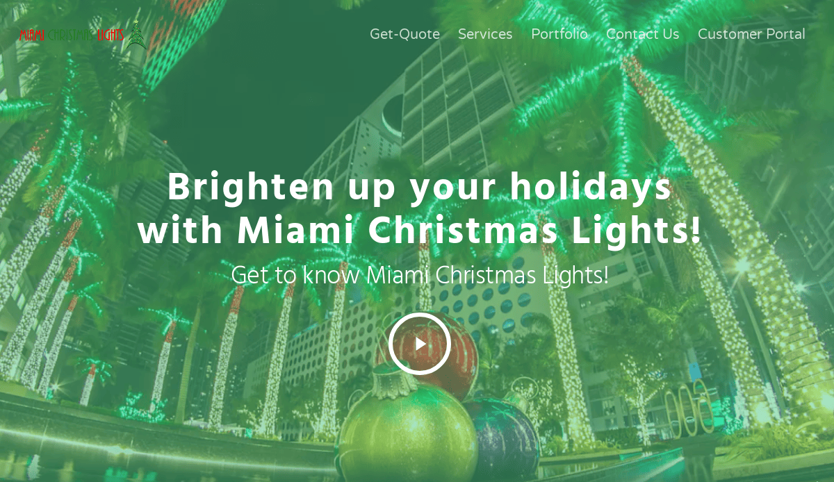 Tall palm trees decorated with green and white Christmas lights stand in front of a modern building. Large colorful ornaments and the text “Brighten up your holidays with Miami Christmas Lights!” appear over the image.