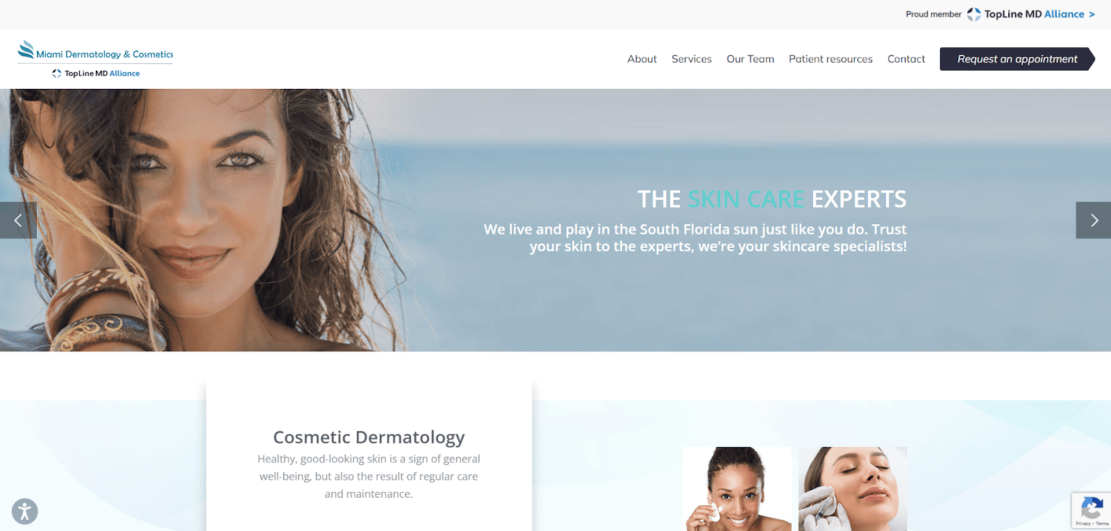 A dermatology clinic website homepage featuring a smiling woman with clear skin, sun and beach background, and text promoting skin care experts in South Florida. Navigation options and a “Request an appointment” button are visible.