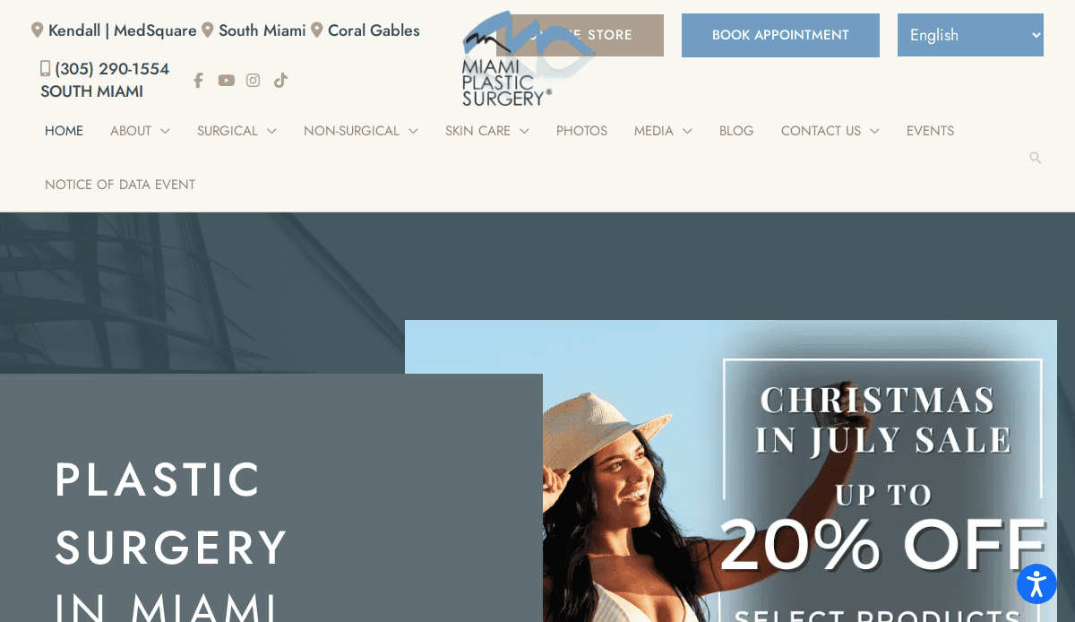Screenshot of Miami Plastic Surgerys website, featuring a banner that reads CHRISTMAS IN JULY SALE UP TO 20% OFF SELECT PRODUCTS, with a woman in a sunhat smiling and raising her arm against a blue sky.