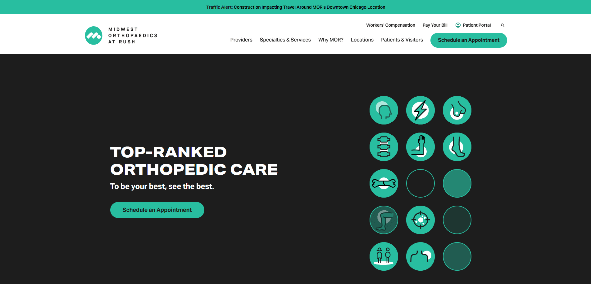 Screenshot of the Midwest Orthopaedics at Rush website homepage with Top-Ranked Orthopedic Care text, icons for orthopedic services, and a green Schedule an Appointment button.