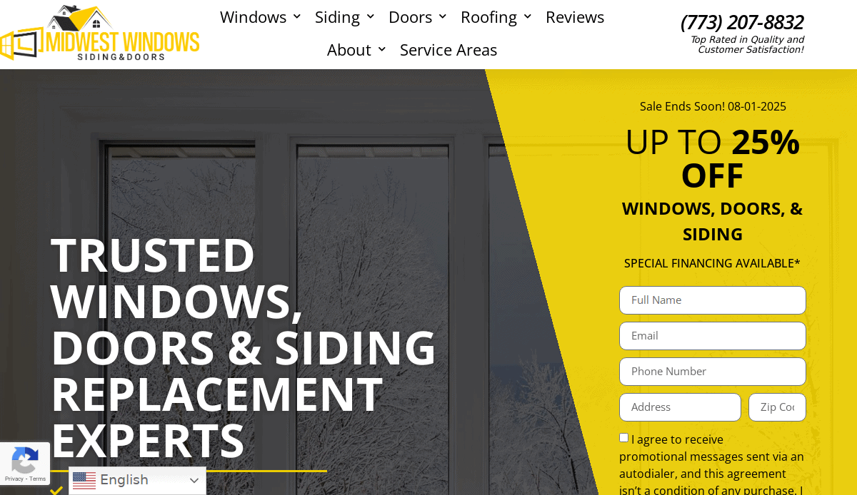 Website for Midwest Windows Siding & Doors offering up to 25% off windows, doors, and siding. Includes a contact form, phone number, and sale ending 08-01-2025. Large text promotes trusted replacement experts.