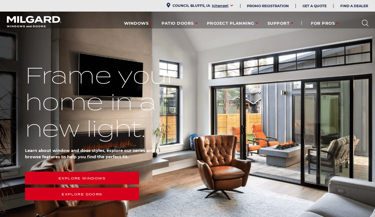 Modern living room with large windows, sliding patio doors, a fireplace, and contemporary furniture, opening to a patio with outdoor seating, plants, and a fire table. Text overlay promotes window and door options.