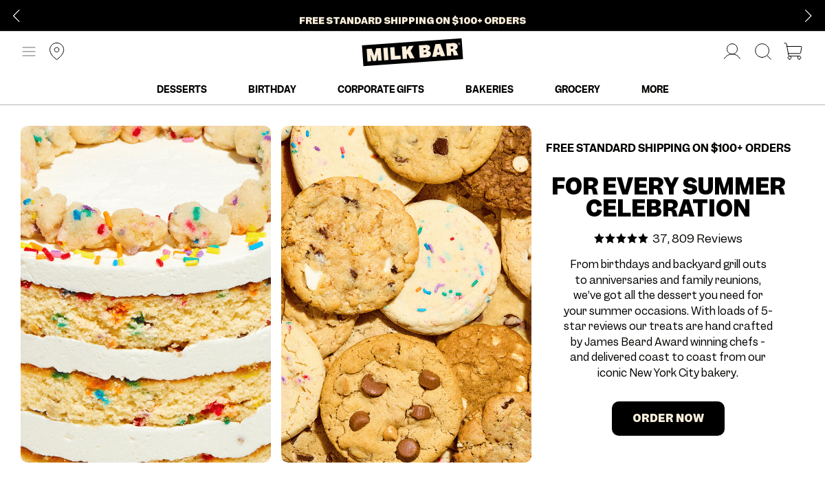 Two photos: on the left, a close-up of a layered funfetti cake with colorful sprinkles; on the right, an assortment of cookies with chocolate chips and sprinkles. On the right, text promotes summer dessert gifts from Milk Bar.