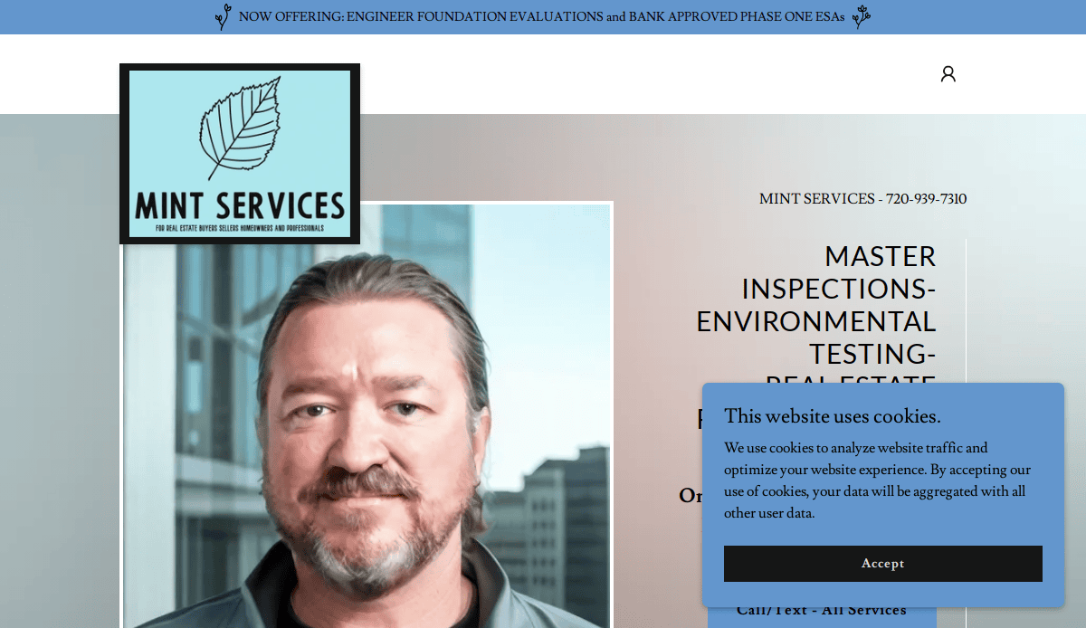 Screenshot of the Mint Services website homepage, showing a headshot of a man with facial hair, the Mint Services logo, and a cookie consent popup in the lower right corner.
