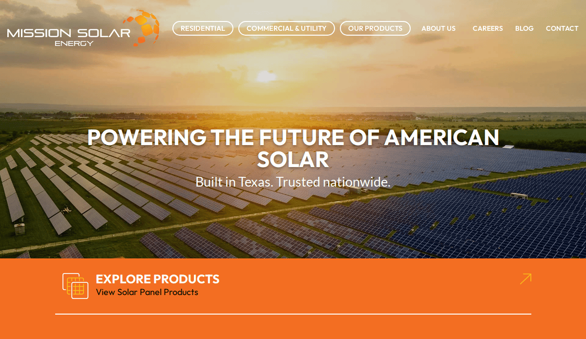 A large solar panel farm stretches across a field under a bright sky at sunset. The Mission Solar Energy website header and navigation are visible at the top, with text promoting American-made solar panels.