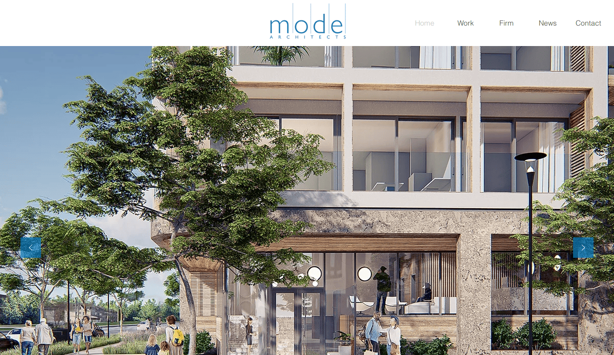 Modern building with large glass windows, trees in the foreground, and people walking near the entrance. The top of the image shows mode architects logo and website navigation links.