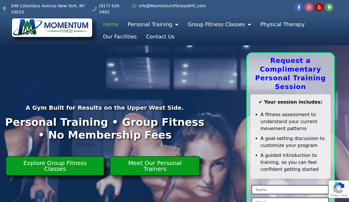 A website homepage for Momentum Fitness, advertising personal training and group fitness with no membership fees. The site offers a free personal training session and features navigation buttons and contact information.
