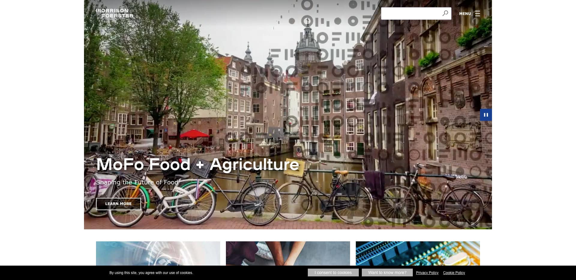 A city canal scene with bicycles parked along a railing, historic brick buildings, and trees. Overlaid text reads “MoFo Food + Agriculture: Shaping the Future of Food.” A search bar appears at the top.