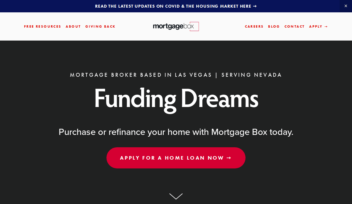 Screenshot of Mortgage Box website homepage, featuring headline Funding Dreams and a pink Apply for a Home Loan Now button, with navigation links for resources, careers, blog, and contact at the top.