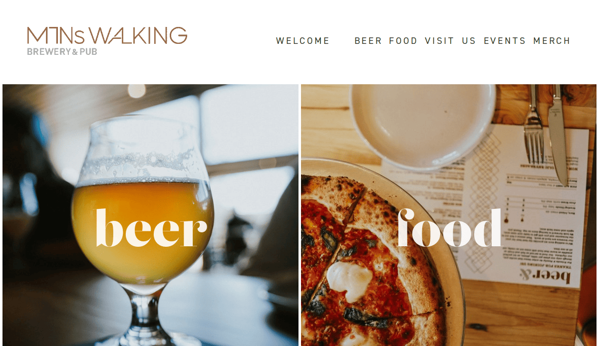 Split image showing a close-up of a glass of beer on the left and a pizza with utensils and menus on the right. Text overlays read beer on the left and food on the right.
