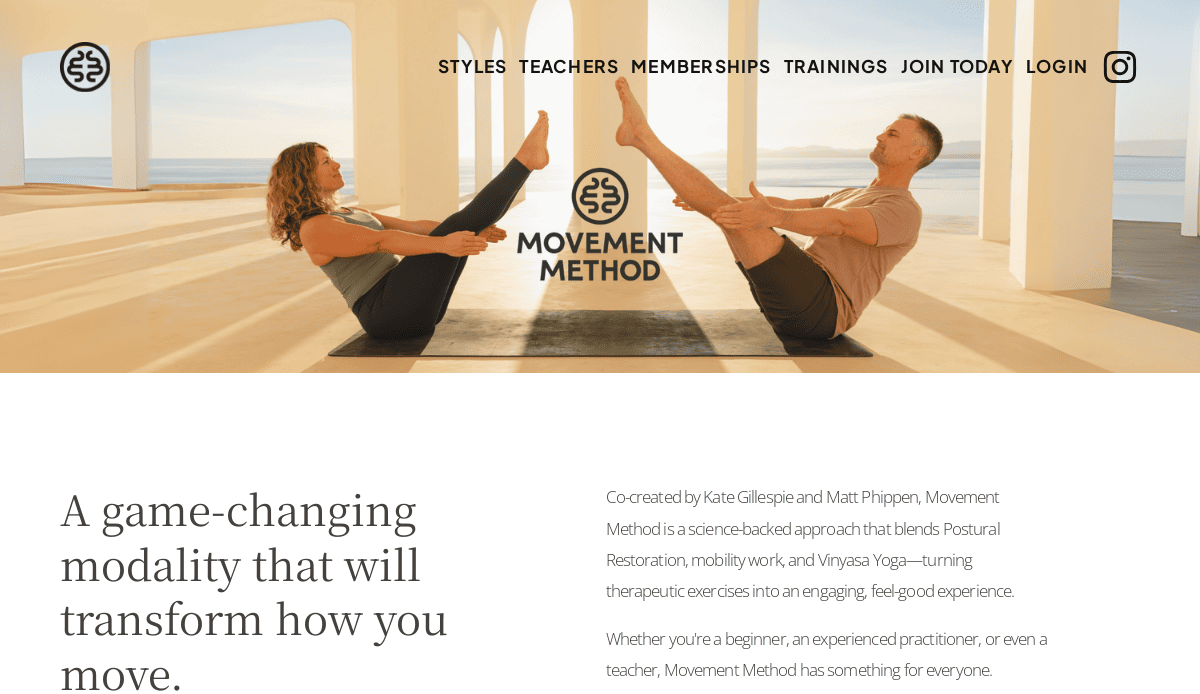 Two people practice a partner yoga pose on yoga mats in a bright, open space with ocean views. The text promotes Movement Method, describing it as a science-based approach blending yoga and mobility.