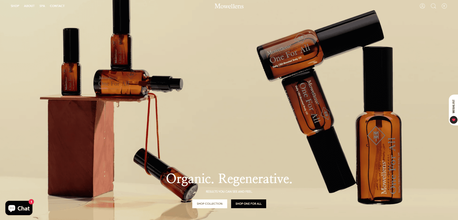 Five brown glass dropper bottles of skincare products are arranged on a beige background; some are stacked on geometric shapes, while others are lying flat. Text says Organic. Regenerative. and navigation elements appear on the page.