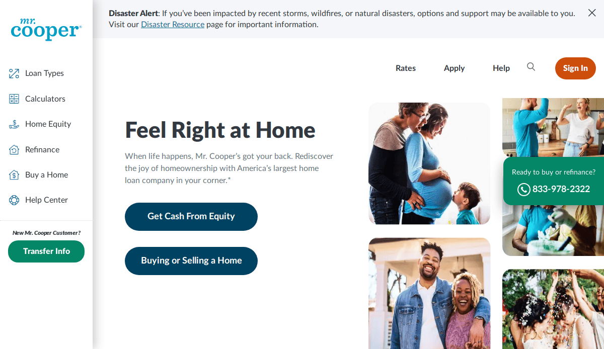 Website screenshot showing Mr. Coopers homepage, with a header about disaster relief, navigation menu on the left, and images of diverse families. Main text highlights home equity and refinance options with large action buttons.