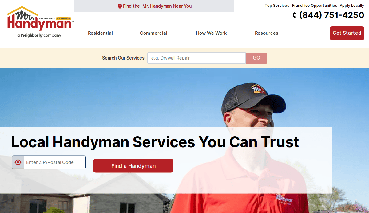 Screenshot of the Mr. Handyman website homepage showing a man in a red shirt and cap, a search bar, the company logo, phone number, and a “Find a Handyman” button for locating services by ZIP code.