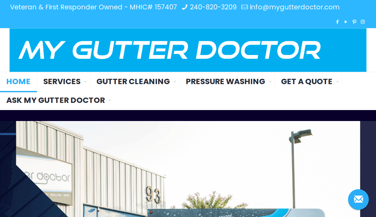 Screenshot of the My Gutter Doctor website showing the header with contact information, navigation menu, and the company logo above an image of their building and service van.