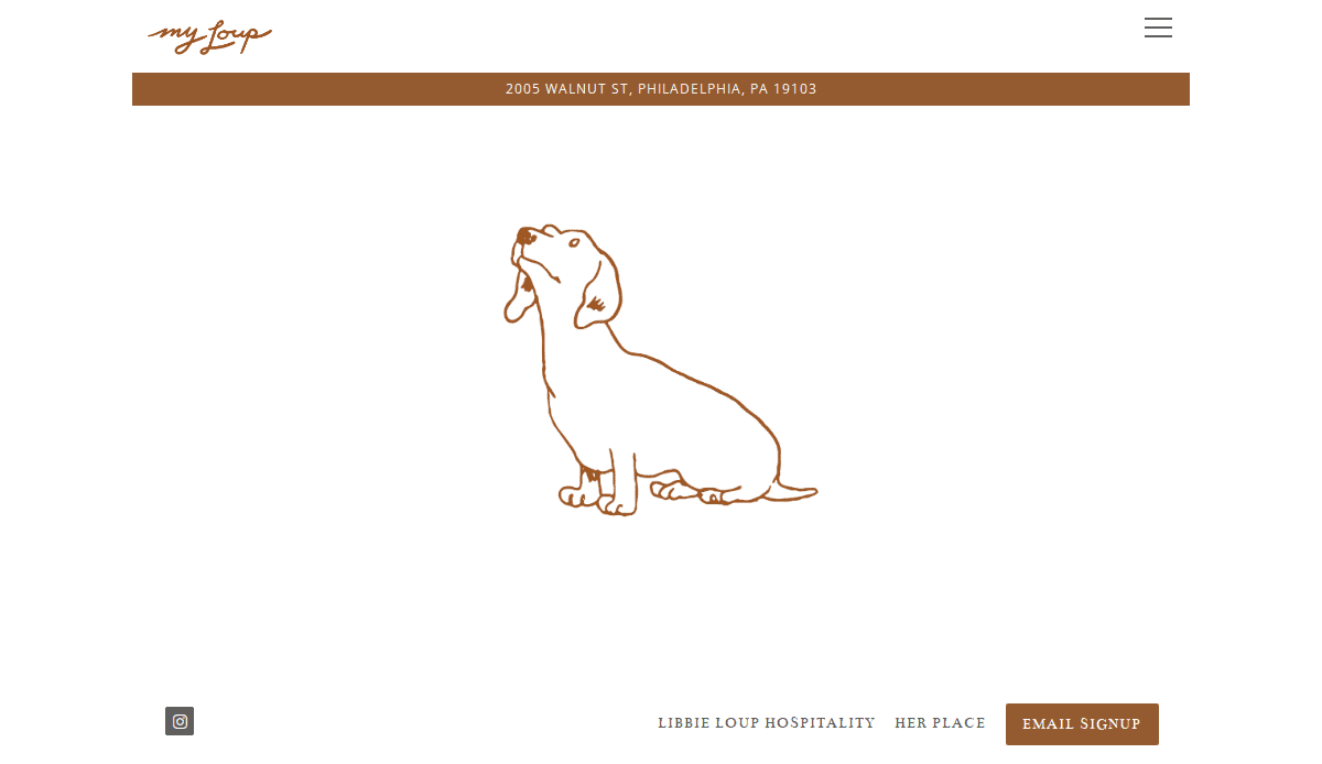 Minimalist line drawing of a dog sitting and looking upward, centered on a white background. Website header includes address 2005 Walnut St, Philadelphia, PA 19103 and navigation links are visible.
