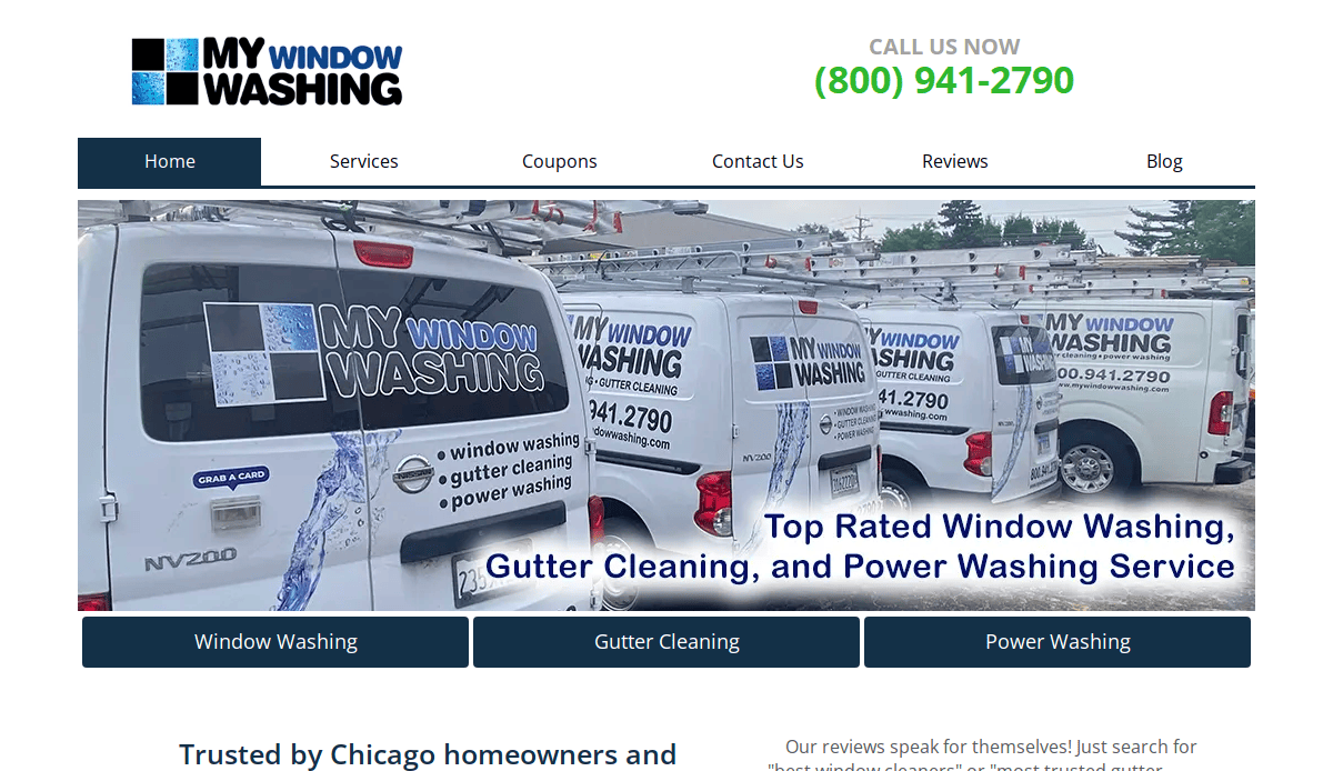 Row of white vans with My Window Washing logos parked in a lot; text advertises window washing, gutter cleaning, and power washing services, with contact number (800) 941-2790 in green at the top.